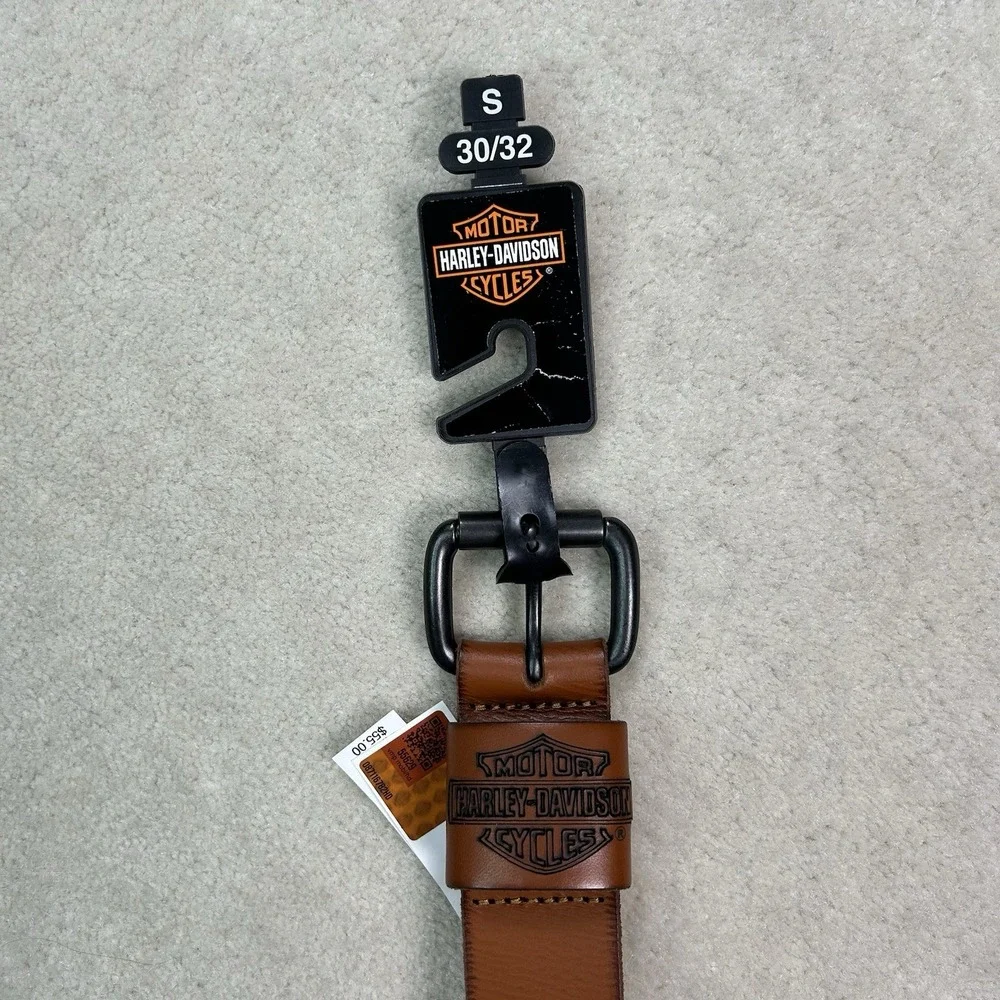 Harley Davidson Men's Small (30/32) Cognac Brown Genuine Leather Belt Embossed